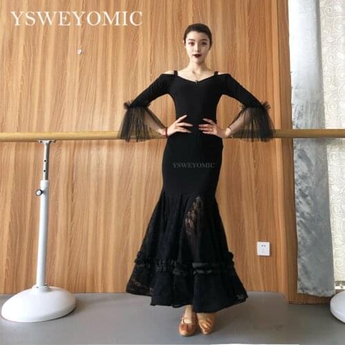 2019 New styles Black Sexy Lace Hip Big Swing Mermaid Skirt Waltz Ballroom Dance Skirts Long Ballroom Dress Standard M12