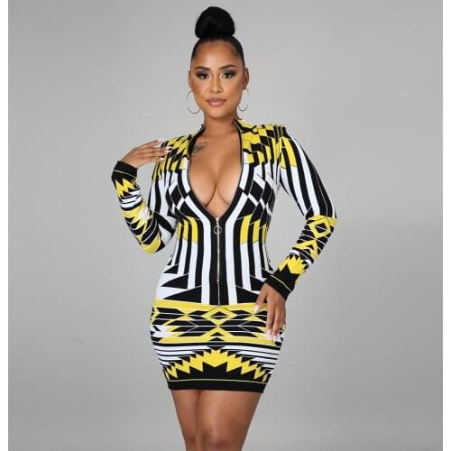 Geometric Pattern Sexy Slim Fit Dress for Women Deep V Neck Full Sleeve Skinny Dresses Vintage Zipper Front Package Hip Robe