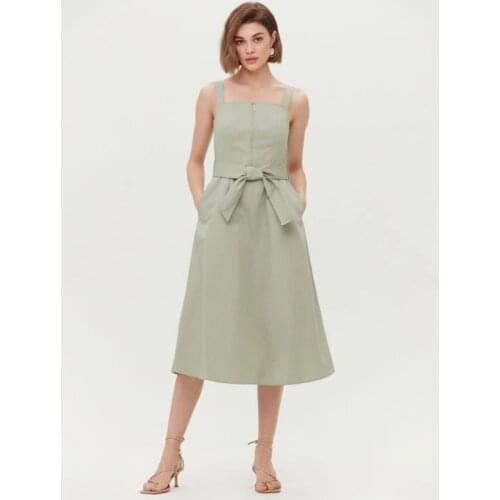 Women Vintage Front Zipper Sashes A-line Dress Spaghetti Strap Green Color Elegant Casual Prom Dress 2021 Autumn Fashion Dress