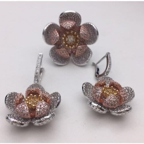 Celebrity Cubic Zirconia Flower Big Thick Earring Ring Jewelry Set For Women Fashion Ear Finger Accessories