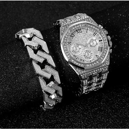 2pcs/set Gold Watch Bracelet for Men Cuban Chain Men Bracelet Bling Iced Out Watch for Men Luxury Men Watch Set Groomsmen Gifts