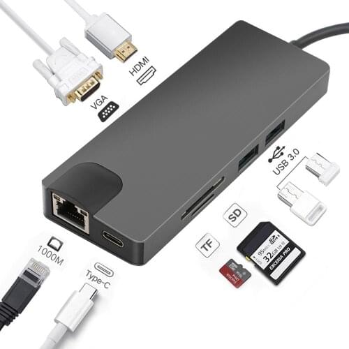 8in1 USB-C HUB USB C to VGA HDMI 4K RJ45 Micro SD/TF Card Reader Adapter Type C USB 3.0 HUB for MacBook Chromebook Laptop Type-C