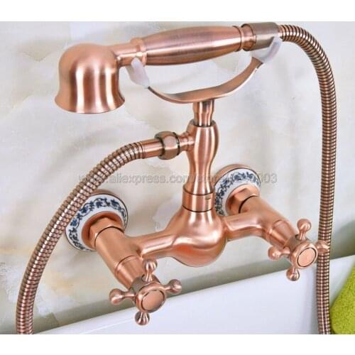 Antique Red Copper Bath Faucets Wall Mounted Bathroom Basin Mixer Tap Crane With Hand Shower Head Bath & Shower Faucet Kna333