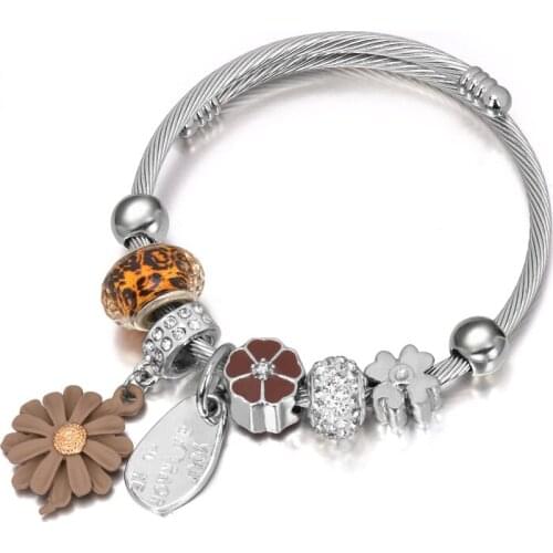 Big Flower Crystal Beads Stainless Steel Bracelet Jewelry For Women Fashion Silver Cuff Bracelets & Bangles Vintage Accessories