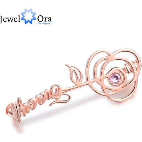 JewelOra Designer Personalized Name Brooches for Women Elegant Customized Birthstone Rose Flower Leaf Brooch Gifts for Mother