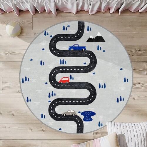 Gri Yuvarlak Çocuk Odası Halısı yol araba su dağ