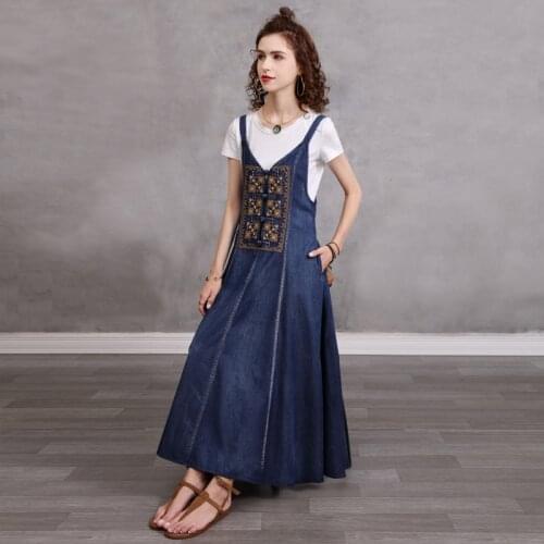 DUISNENA boho dress strap summer women dresses blue cotton denim floral embroidery vintage robe mujer vestidos