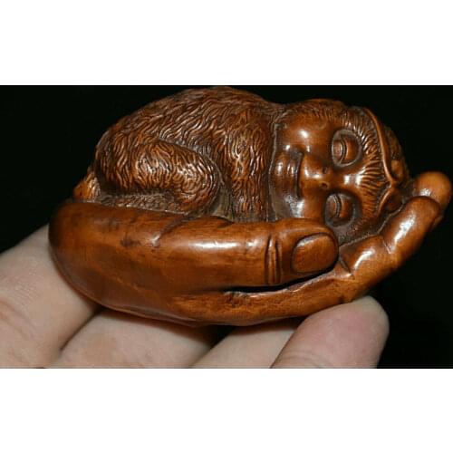 Folk Chinese Boxwood Wood Hand Carving Monkey Sun Wukong Statue In Buddha Hand Statues for Decoration Collection Ornaments Gift