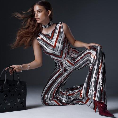 Hit The Stage Stiped Multicolor Legging Sleeveless Round Neck Long Leg Shiny Wide Leg Bodycon Women Jumpsuit