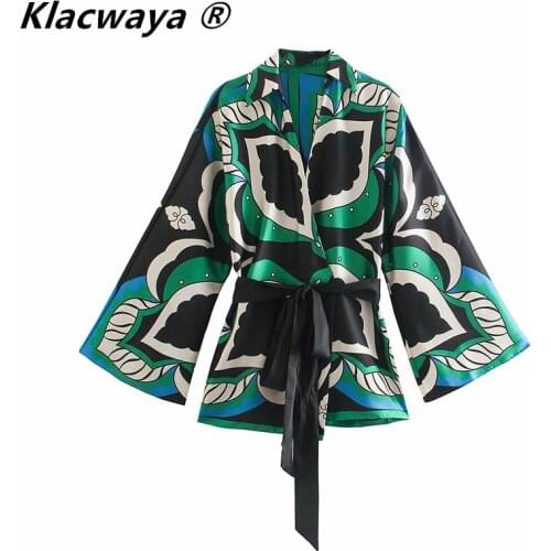 Klacwaya Women 2021 Vintage Contrast Color Leaves Print Kimono Smock Blouse Female Chic Bow Sashes Cardigans Shirts Blusas Tops