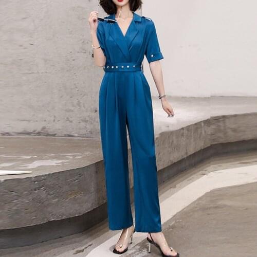 Summer Elegant Jumpsuits Women Short Sleeve Thin Straight Loose Trousers Wide Leg Pants Rompers Overalls