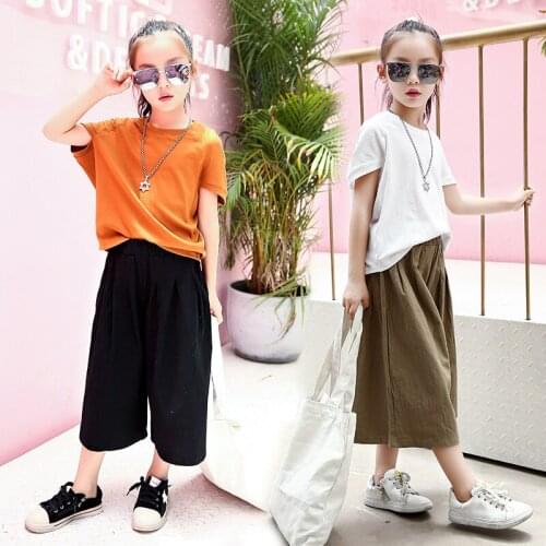 Girls Clothing Sets Summer Kids Loose Top+Wide Leg Pants Suits Children Short Sleeve Teens Girls Clothes 4 6 8 10 12 13 Years