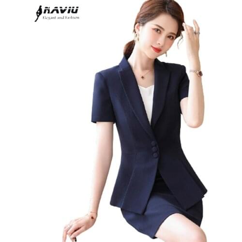 Navy Blue Short Sleeve Suits Women New Summer Temperament Fashion Business Slim Blazer And Skirt Office Ladies Work Wear