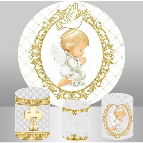 Circle Round Backdrops Cover Gold Pigeon God Bless Background Baptism My First Communion Angel Baby Shower Cake Table Decoration