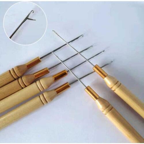 Crochet hook Wig Making Wooden Handle Pulling Needle Hook Loop Threader Micro Rings Accessiores For Tubes Beads Cold Fusion Hair