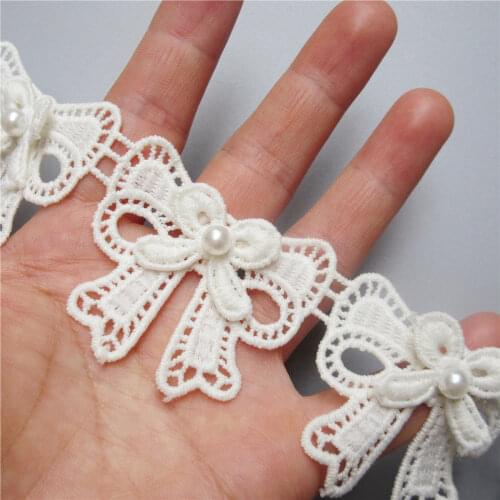 10x/20x Apricot Bow-knot Pearl Embroidered Lace Trim Ribbon Fabric Patchwork Wedding Dress Sewing Supplies Craft Decoration