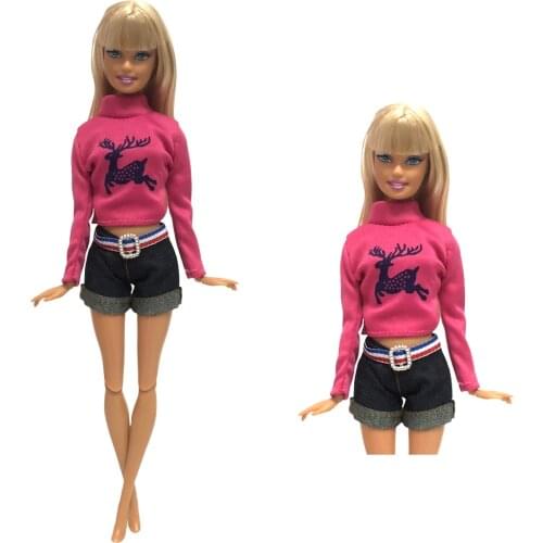 NK Newest Doll Red Long-Sleeved Shirt Denim Shorts Casual Top Fashion Design Clothing For Barbie Doll Accessories Gifts 08A DZ