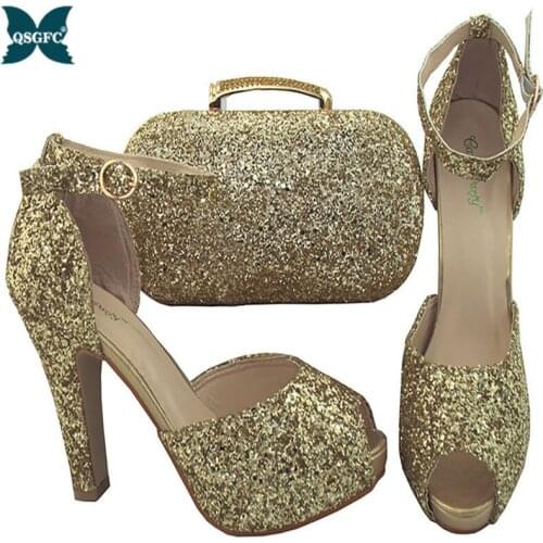 2019 Newest style Gold color African shoe and bag set Mid heel italian design shoe with matching bag best selling ladies