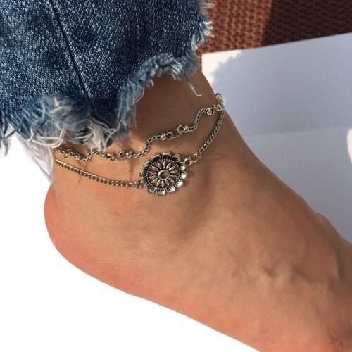 Punk Girl Anklet 2020 Fashion New Anklet Beach Bohemian Personality Double Layer Sun Flower Anklet Womens Clothing Tobilleras