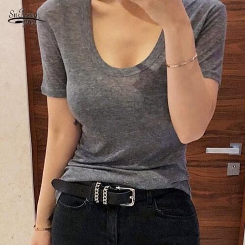 Solid Korean Women Clothing Ladies Tops Summer Blouse Women Sexy Low O-neck Thin Slim Fit Casual Short Sleeve Tops 9269 50