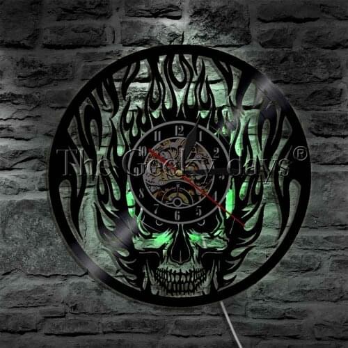 Fire Skull LED Wall Light Cranium Horror Vinyl Wall Art Color Changing Wall Light LED Lighting Clock