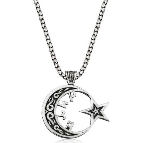 Silverlina Silver Göktürkçe Turkish Written Moon Star Male Necklace