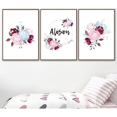 Baby Girl Custom Name Poster Canvas Painting Colorful Pink Flower Wall Art Posters Nursery Print Picture Nordic Kids Room Decor