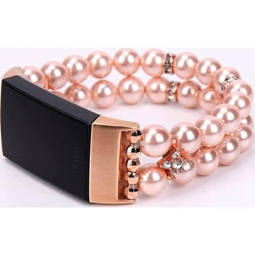 Pink Pearl Strap for Fitbit Charge 4 Charge 3 and Charge 3 SE Band Women Girl Dressy Jewelry Bling Bracelet Stretchy Replacement
