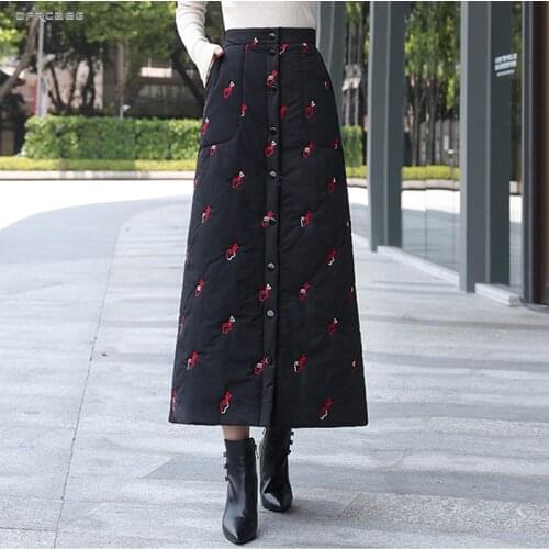Elastic Waist Warm Down Cotton Embroidery Maxi Skirts Women 2019 Winter Plus Size Pencil Skirt Casual Ladies Saias Femme 3XL 4XL