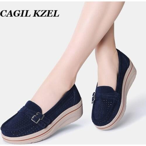 CAGILKZEL 2019 Spring Flat Platform Women Shoes Genuine Leather Slip-on Cutout Ladies Loafers Flat Shoes Woman Moccains Creepers