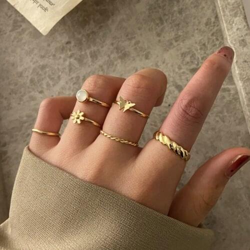 Creative Simple Classic Ring For Women Girls Inlaid AgateStone Butterfly Gold Cute Joint Ring Set 6 pcs Jewelry Party Hot New