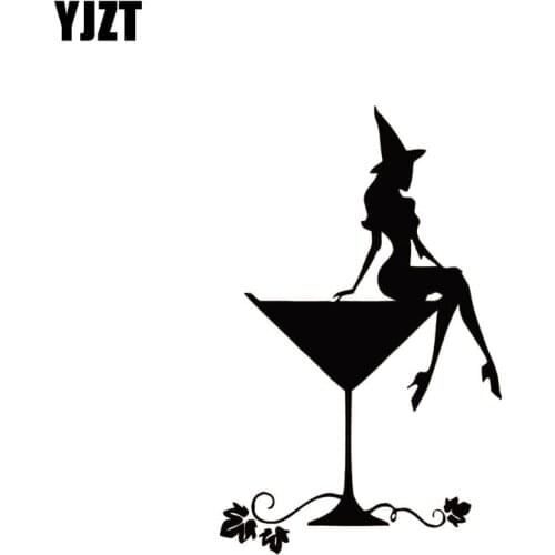 YJZT 9*14.1CM Wine Cup And Sexy Witch Car Sticker Popular Style Cute Design Vinyl Fashion Decal Black/Silver C20-1068