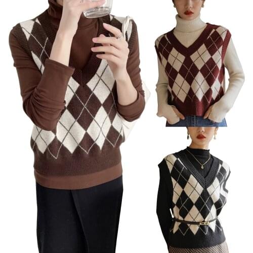 2021 Ladies Pullover Tops Streetwear Women Color Block Vest Clothes Adults Sleeveless Argyle Pattern V-neck Knit Sweater