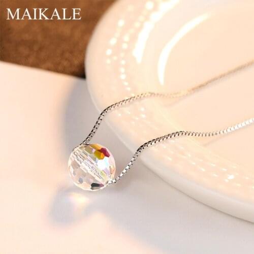 MAIKALE Luxury 925 Sterling Silver Necklaces Pendant with 10MM Round Austrian Crystal Charm Necklace for Women Jewelry Gifts