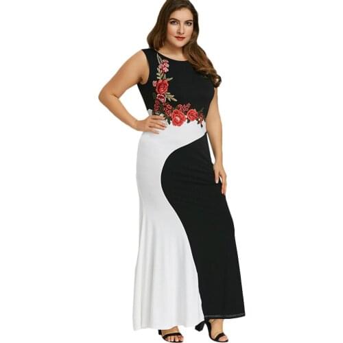 Plus Size 5XL Party Dress Women 2021 Summer Sleeveless Embroidery Floral Mermaid Formal Dress Black And White Maxi Long Dresses
