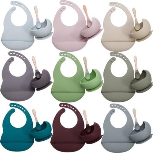 100% Food Safe Approve Silicone Infant Tableware Foldable Toddler Sucker Bowl And Spoon Set Baby Solid Color Waterproof Bib