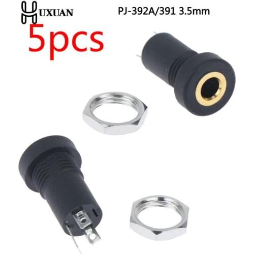 5pcs PJ-392A 3.5MM Audio Jack Socket 3 Pole Black Stereo Solder Panel Mount Gold With Nuts