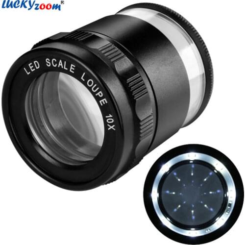 8 LED Reticle Illuminated Magnifier 10X Optical Magnifying Glass With Light Cylindrical Scale Loupe Measurement Calibration Lupa