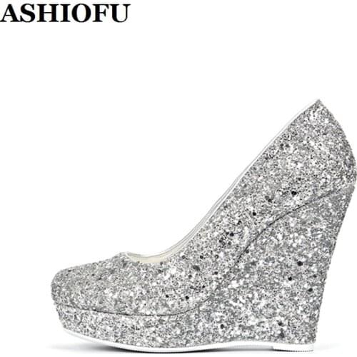 ASHIOFU New Handmade Real Photos Womens Wedges Heels Pumps Glitter Leather Slip-on Party Prom Shoes Evening Fashion Court Shoes