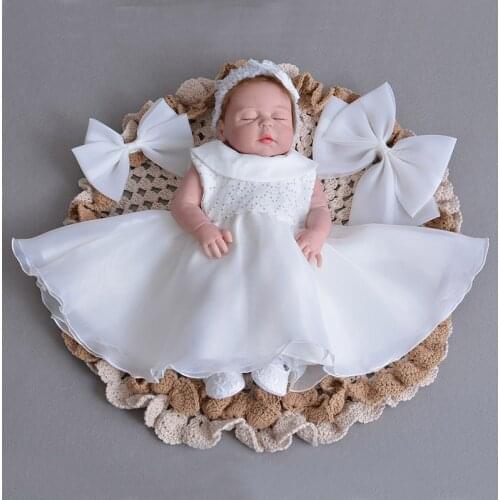 Off White Lace Baptism Dress for Baby Girl Bebe Cute Big Bow Sequins Puffy Christening Gown First Birthday Outfits for Toddler
