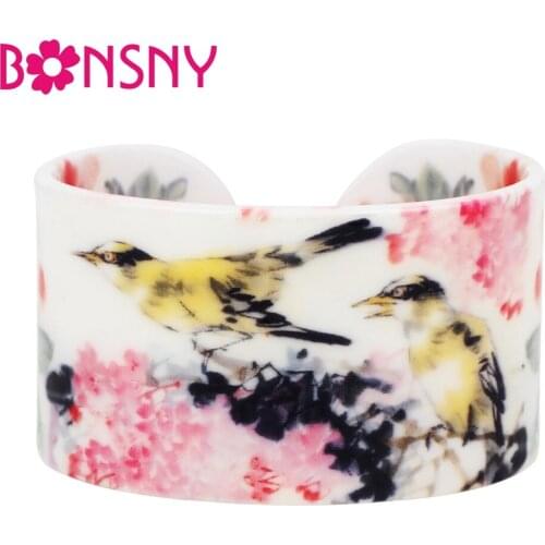 Bonsny Plastic Chinese Flower And Bird Lotus Bangles Bracelets Fashion Traditional Ethnic Jewelry For Women Girl Lady Wholesale