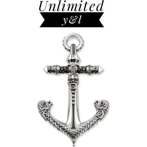 Skull Ship Anchor Pendant Punk Black Zirconia Skeleton 925 Sterling Silver Jewelry Accessories Fit Chain Necklace Women Men