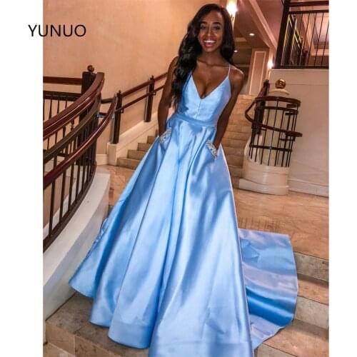 YUNUO Satin Spaghetti Straps Long Prom Dresses 2021 A Line V Neck Evening Dress with Jeweled Pockets Floor Length Party Gown