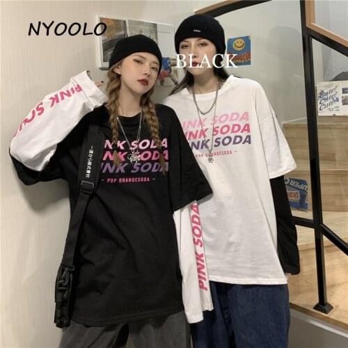 NYOOLO Harajuku Gradient letters print fake 2 piece patchwork long sleeve t-shirt women men streetwear loose pullovers tops tee