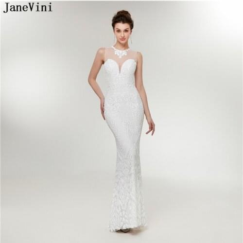JaneVini Mermaid Prom Dress O Neck Sequined White Long Bridesmaid Dresses Sleeveless Floor Length Formal Party Gowns Lange Jurk