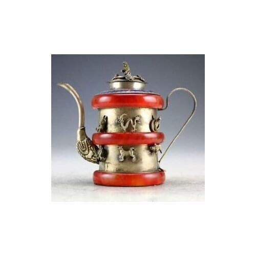 Chinese Handwork Silver Jade Carved 12 Zodiac Teapot & Lid w Monkey Garden Decoration 100% real Tibetan Silver Brass