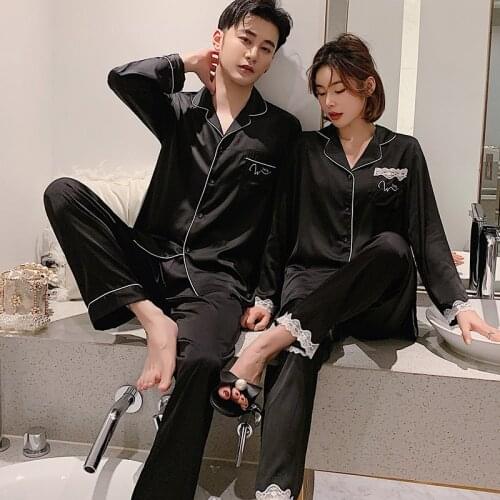 FZSLCYIYI Summer Lace Trim Satin Lovers Pajamas Set Fashion Sleepwear Couple Long Sleeve Suit Casual Two-Piece Elastic Homewear