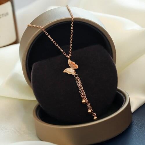 Sweet Rose Gold Frosted Butterfly Tassels Pendant Women Necklaces Ladies Trendy No Fade Stainless Steel Daily Jewelry Female
