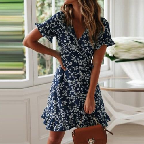 Short Sleeve A Line Mini Dress Wrap Sundress Robe Women Dresses Summer 2021 Sexy V Neck Floral Print Boho Beach Dress Ruffle