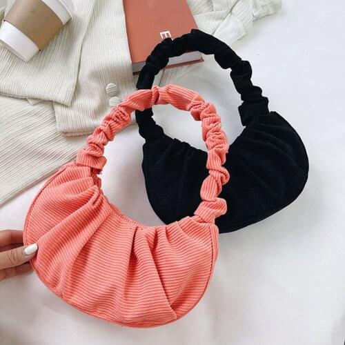 Fashion Women Corduroy Pleated Cloud Underarm Shoulder Bag Ladies Autumn Winter Solid Color Hobos Small Purse Handbags